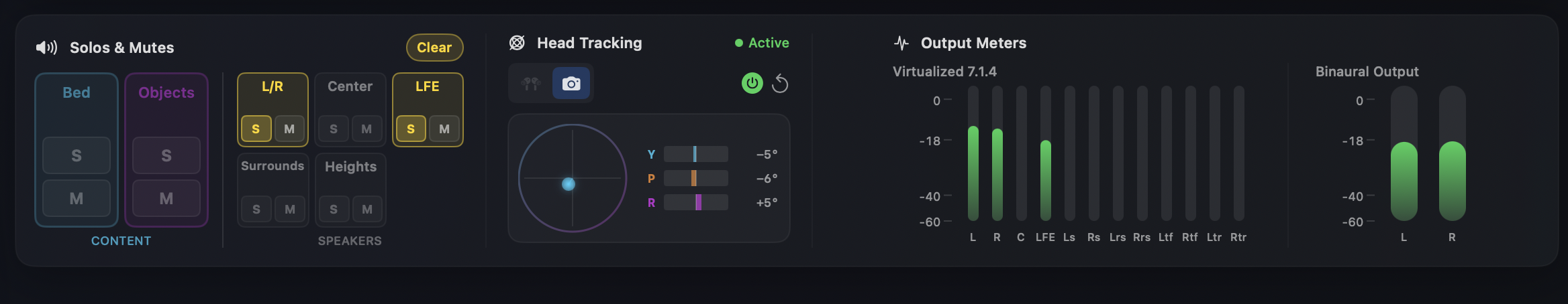 Footer with Solos & Mutes, Head Tracking, and Output Meters