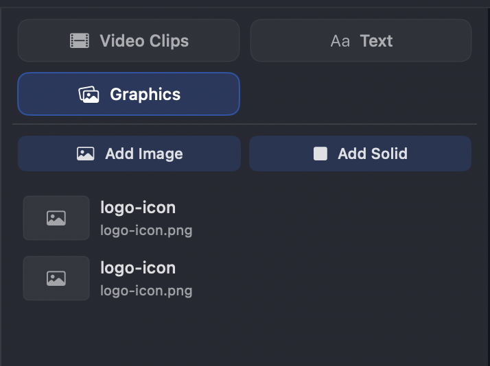 The Graphics tab — Add Image and Add Solid buttons above a list of imported images