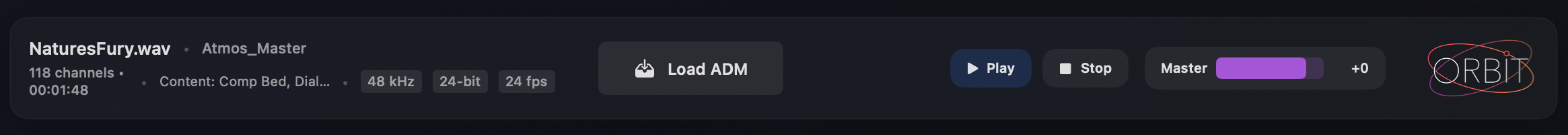Header controls with Load ADM, transport, and master fader