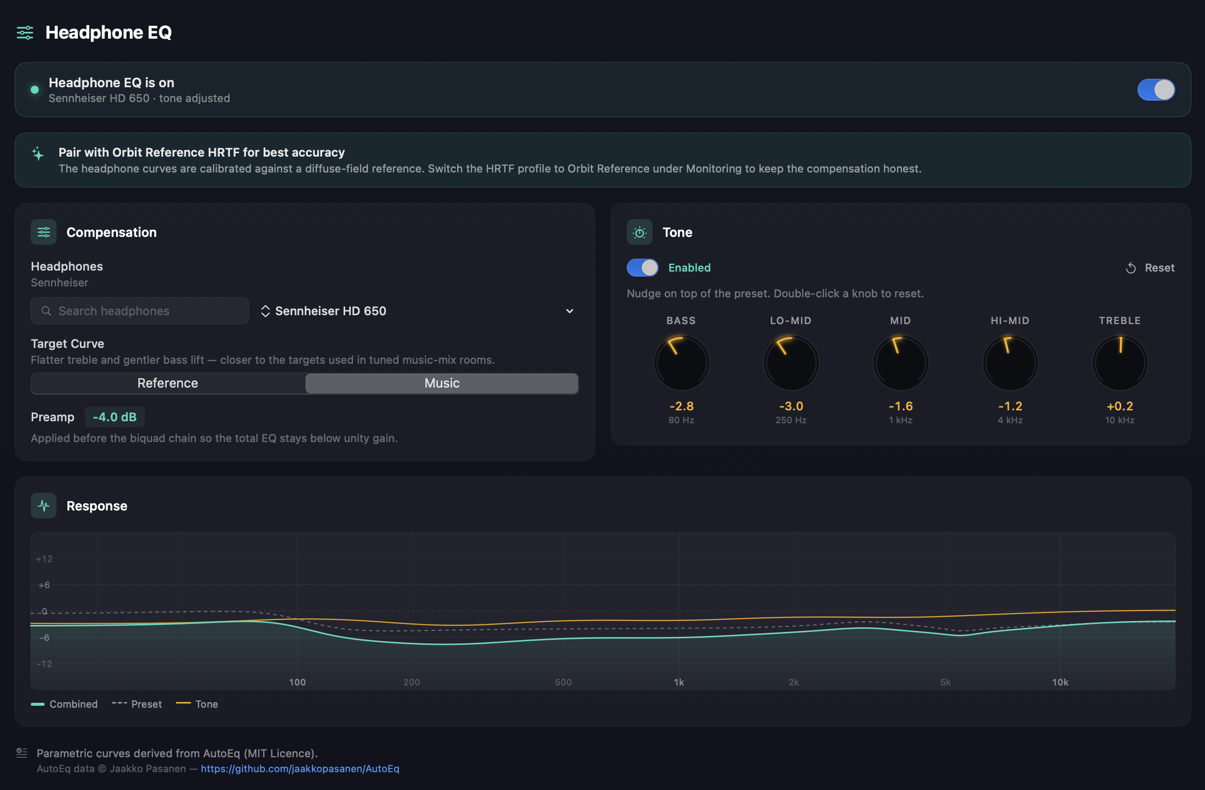 The Headphone EQ preferences panel — the on/off status banner, the Orbit Reference HRTF pairing tip, the Compensation section with headphone picker, Reference / Music target curve and preamp, the five Tone knobs, and the Response graph showing Combined, Preset and Tone curves