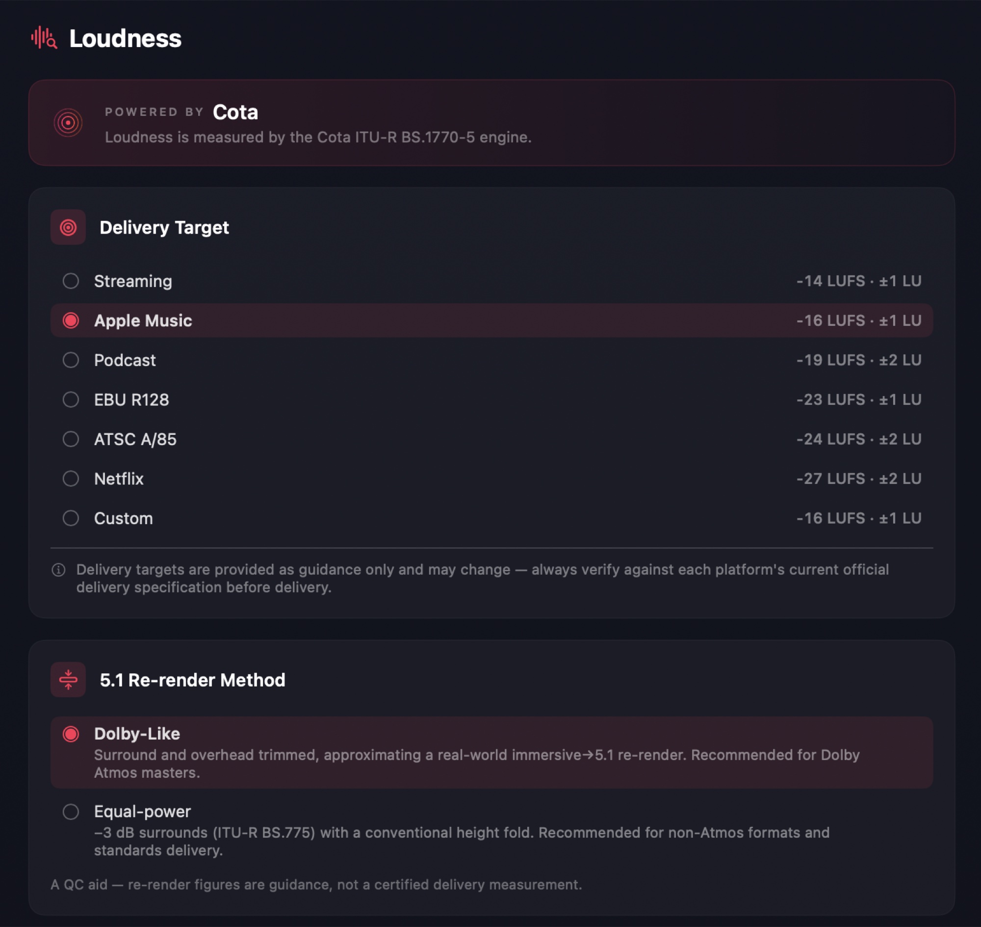 Orbit's Loudness settings — Powered by Cota, with delivery-target presets and a 5.1 re-render method