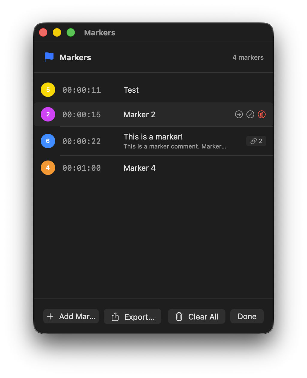 The Markers list window showing four markers with colour, timecode, title, link count, and Add / Export / Clear All controls
