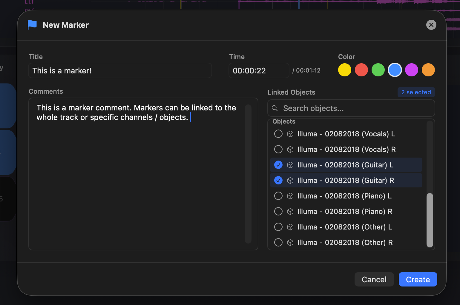 The New Marker modal — title, time, colour swatches, a comments field, and a Linked Objects selector with objects checked