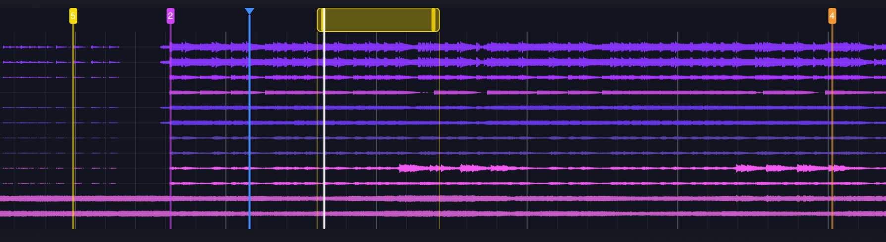 Coloured marker lines running vertically through the timeline waveform view