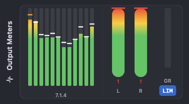 Apple Spatial Audio output meters with the virtualized 7.1.4 reference feed