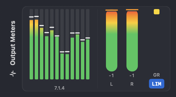 Binaural output meters with the virtualized 7.1.4 reference feed and limiter gain reduction