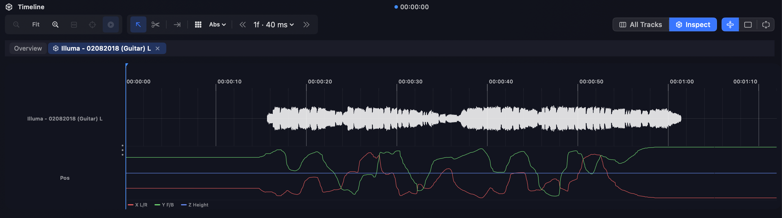 Timeline in Inspect mode showing a single object's waveform above its X/Y/Z position curves