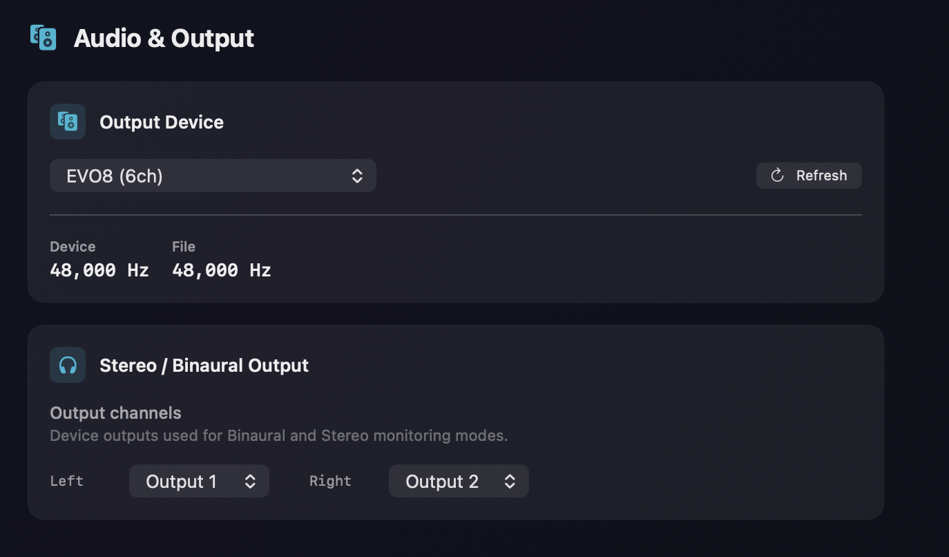 The Audio & Output preferences pane — Output Device picker with Refresh, the Device/File sample-rate readout, and the Stereo / Binaural output channels