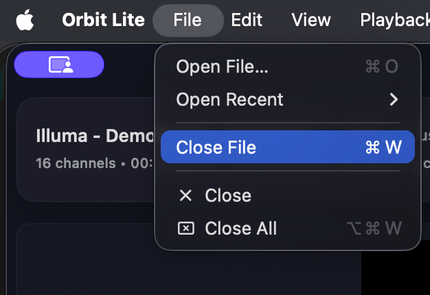 The File menu — Open File (Cmd O), Open Recent, Close File (Cmd W), Close, Close All