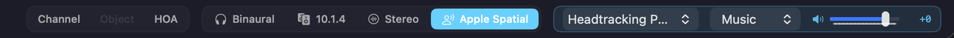 The footer in Apple Spatial mode — the monitoring modes plus a head-tracking profile menu, a mode menu, and an Apple Spatial volume slider