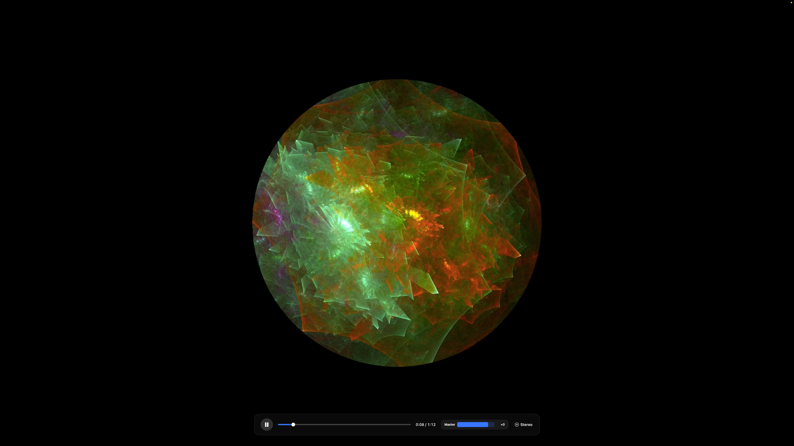 Orbit Lite full-screen player with a floating transport bar — play/pause, scrub, master volume, monitoring mode and exit