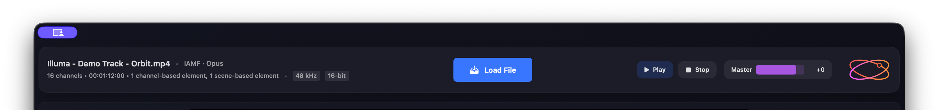 The Orbit Lite header bar — file metadata, the Load File button, Play/Stop transport, and the Master volume slider