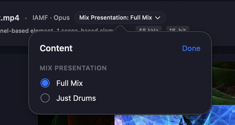 The Mix Presentation menu in the header, open to the Content popover with 'Full Mix' and 'Just Drums' options