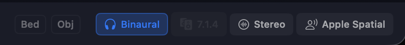 Orbit Lite monitoring mode picker: Binaural, 7.1.4, Stereo, Apple Spatial