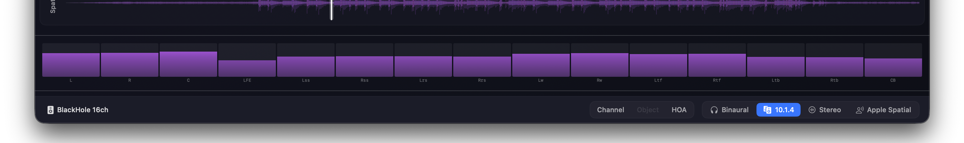 An audio-only IAMF file in Orbit Lite — the spatial waveform above per-channel meters for a custom 10.1.4 layout, styled in purple