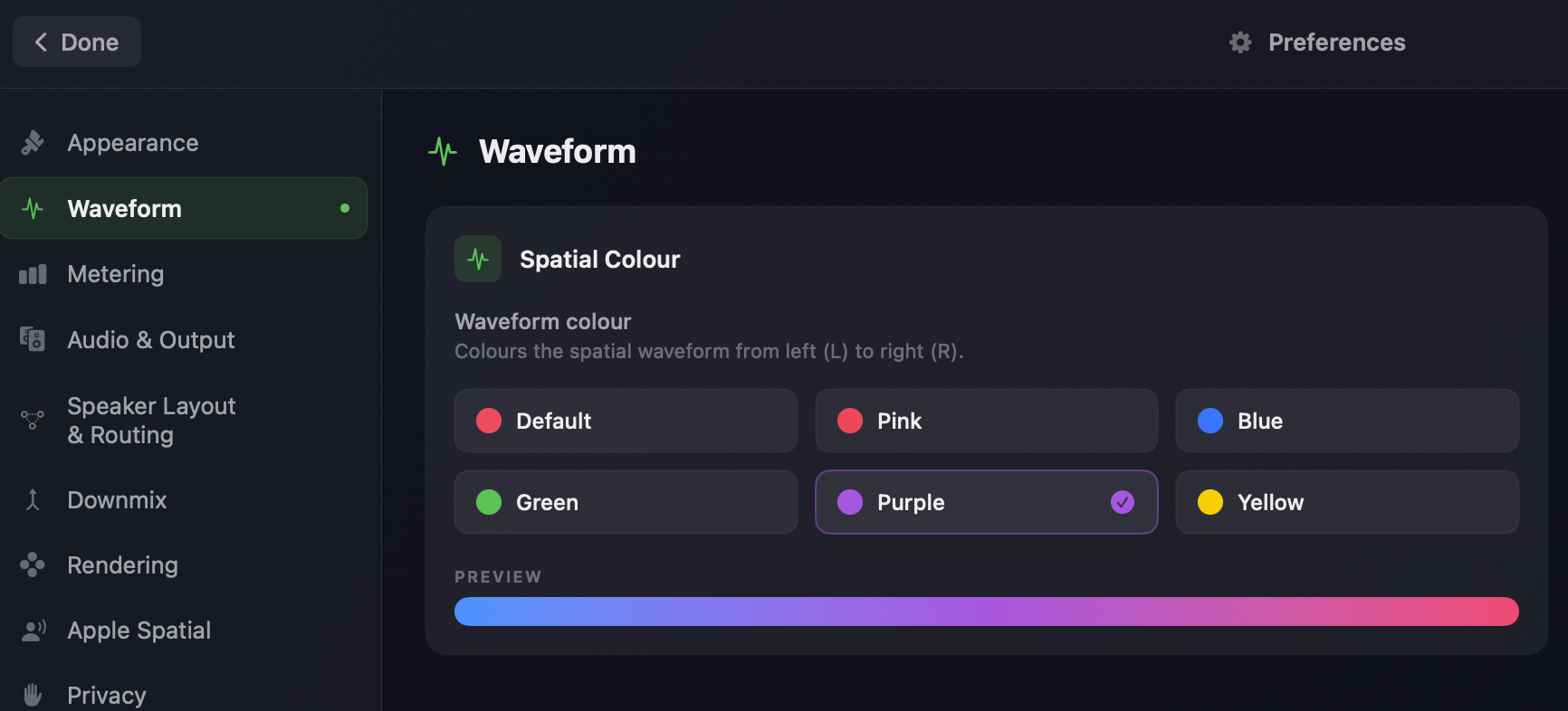 The Orbit Lite Preferences window — the Waveform pane with Spatial Colour options (Default, Pink, Blue, Green, Purple, Yellow) and a live preview