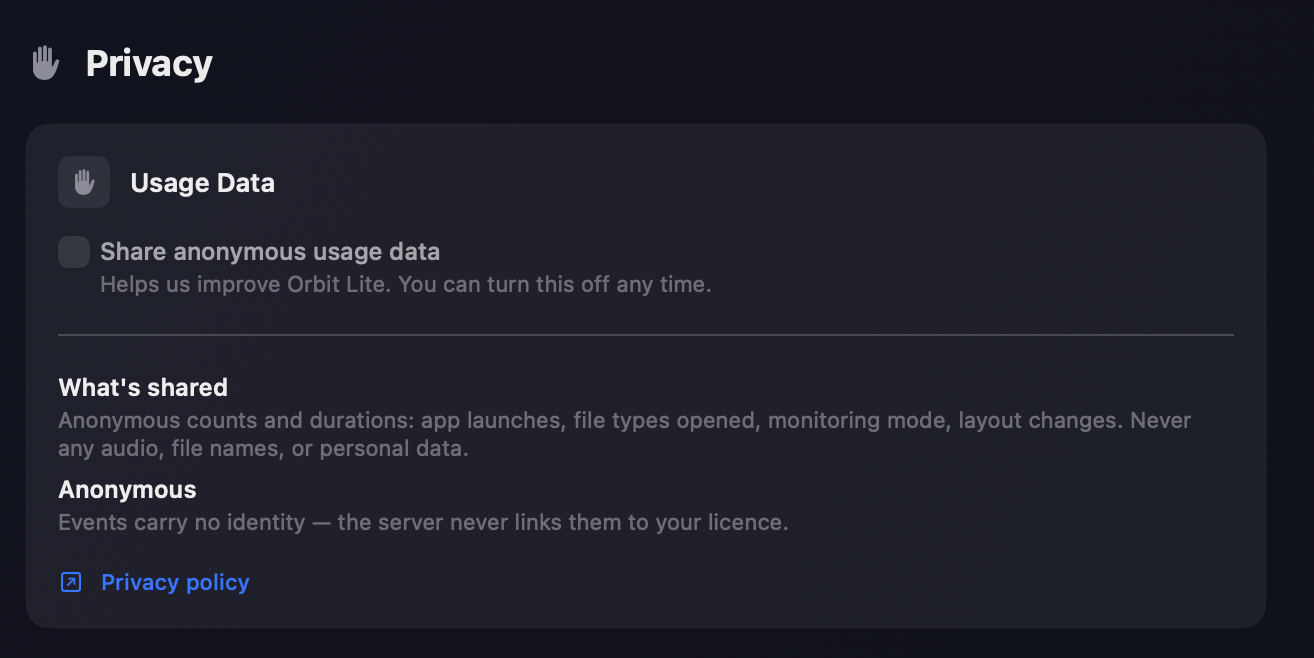 The Privacy preferences — a 'Share anonymous usage data' toggle, with 'What's shared' and 'Anonymous' explanations and a Privacy policy link