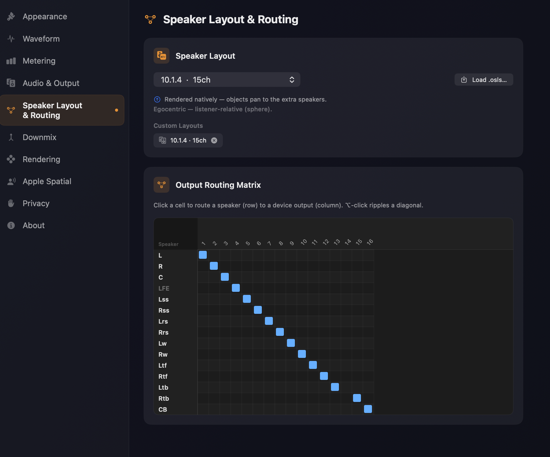 Orbit Lite's Speaker Layout & Routing preferences — a Speaker Layout picker with Load .osls and custom layouts, above the Output Routing Matrix