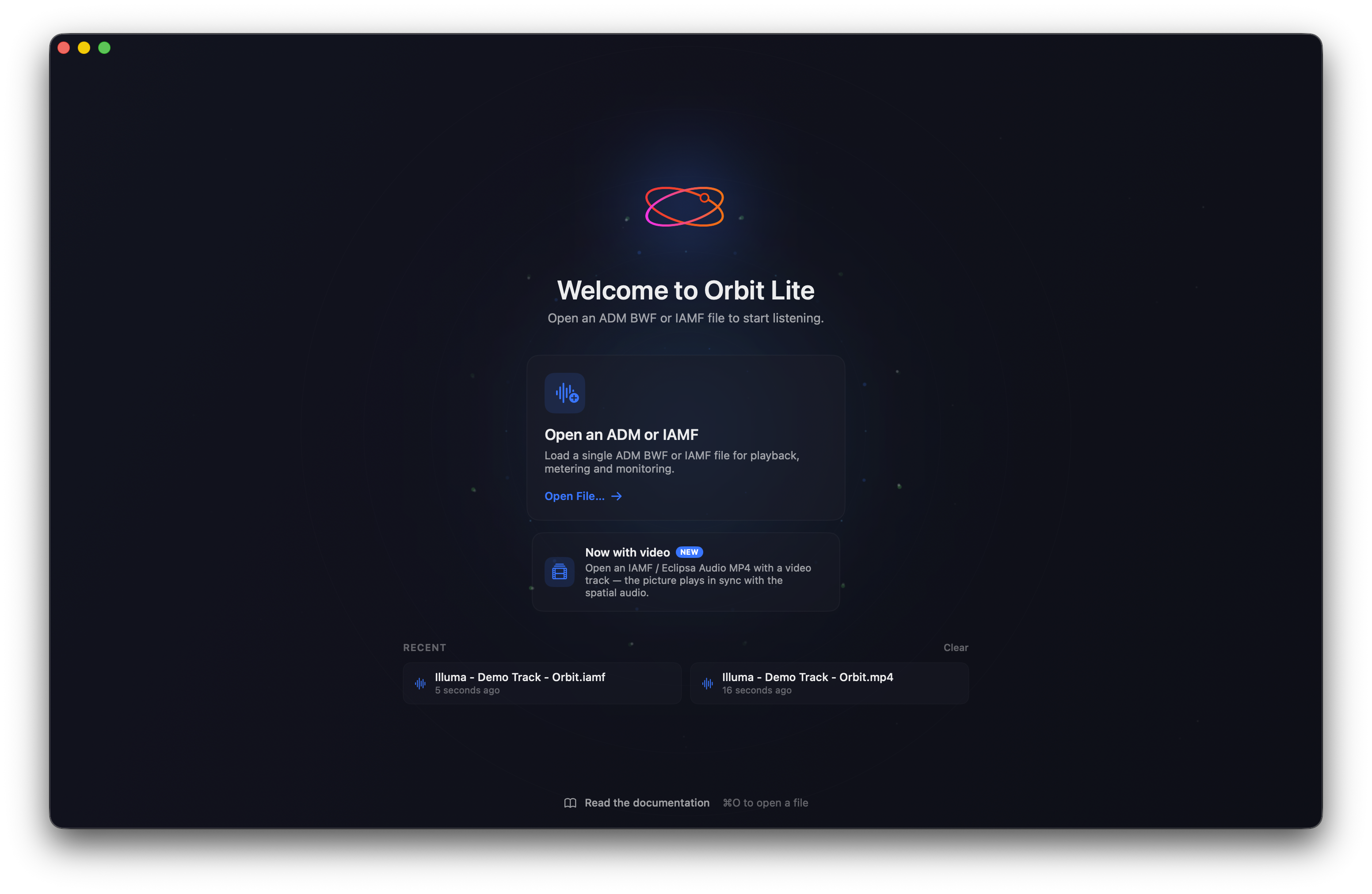 The Orbit Lite welcome screen — Open an ADM or IAMF, a 'Now with video' card, and a Recent files list