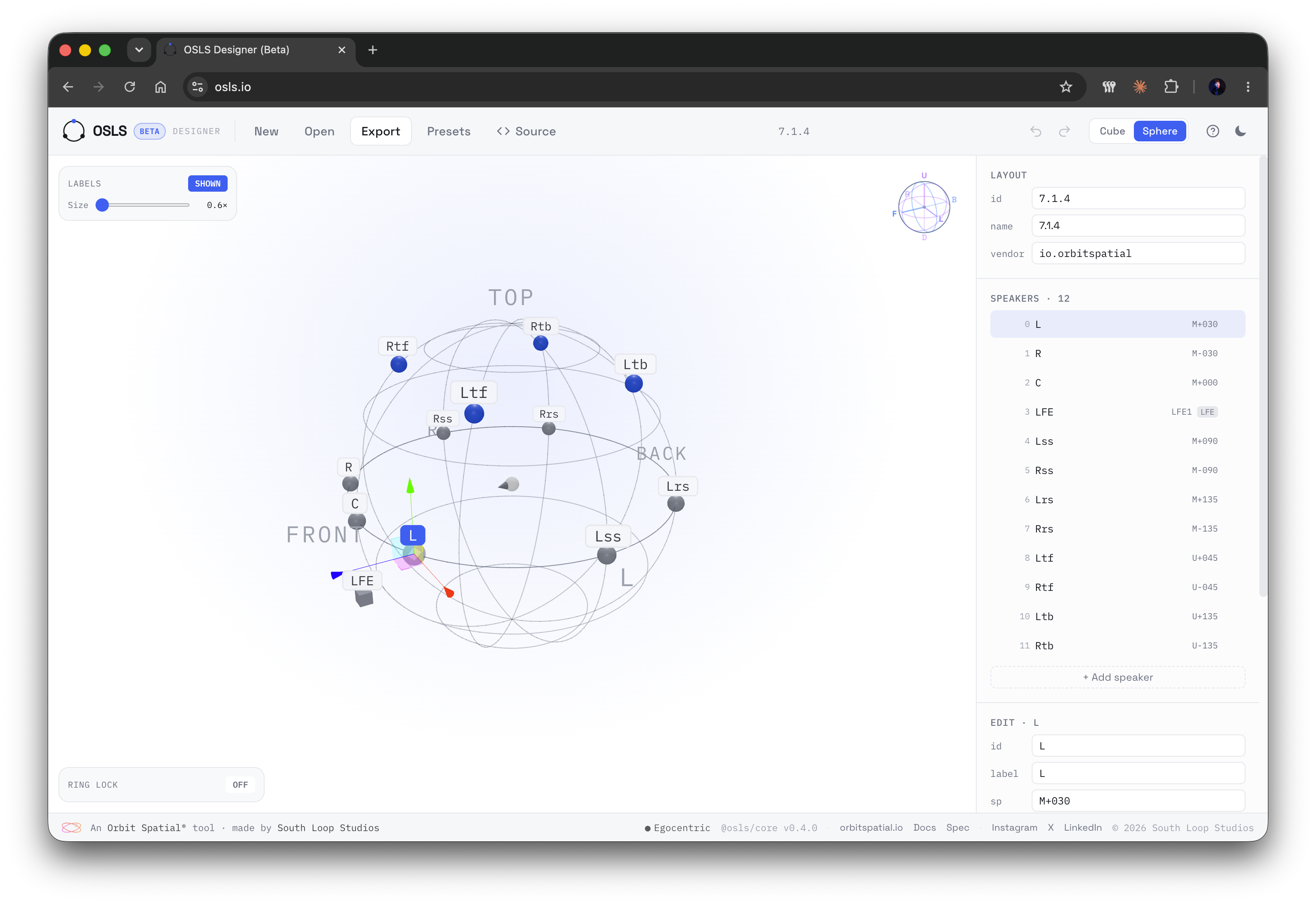 The osls.io browser designer — a 3D sphere of speakers with SP-labels, an editable speaker list, and per-speaker Cartesian/polar position fields