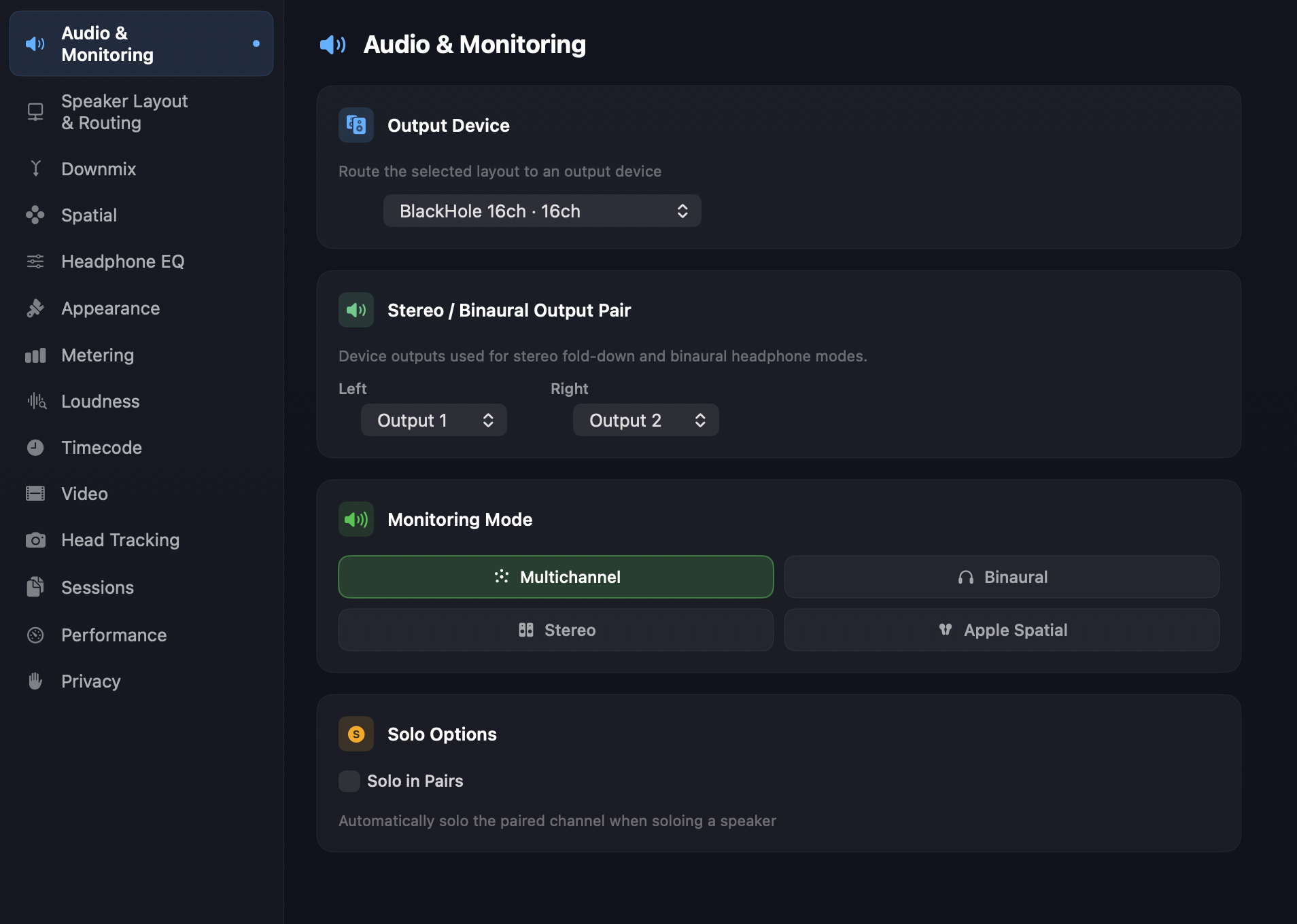 The Audio & Monitoring preferences tab — Output Device selector, Stereo / Binaural Output Pair (Left / Right), Monitoring Mode buttons and Solo Options