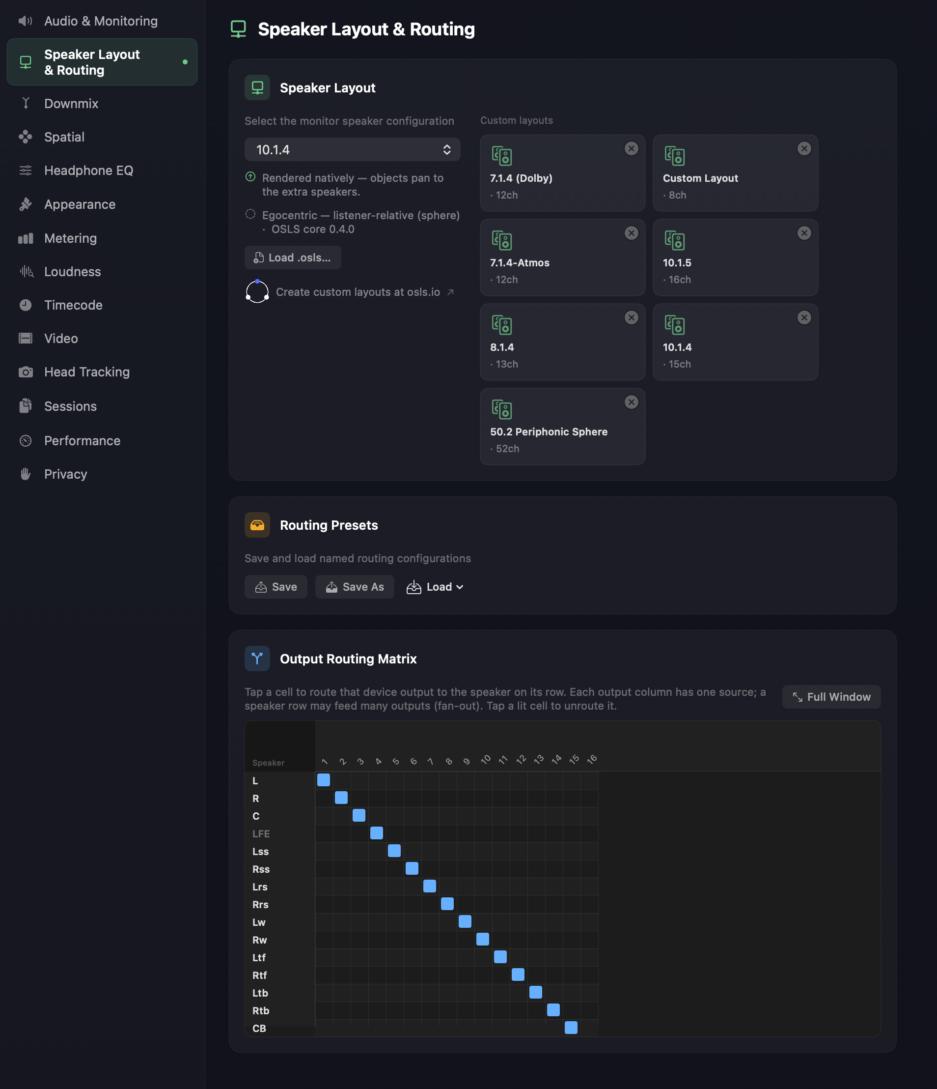 The Speaker Layout & Routing preferences tab — a Speaker Layout selector with custom layout cards, Routing Presets, and the Output Routing Matrix