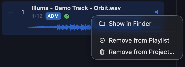 Right-click menu on a track in the Tracks sidebar — Show in Finder, Remove from Playlist, Remove from Project