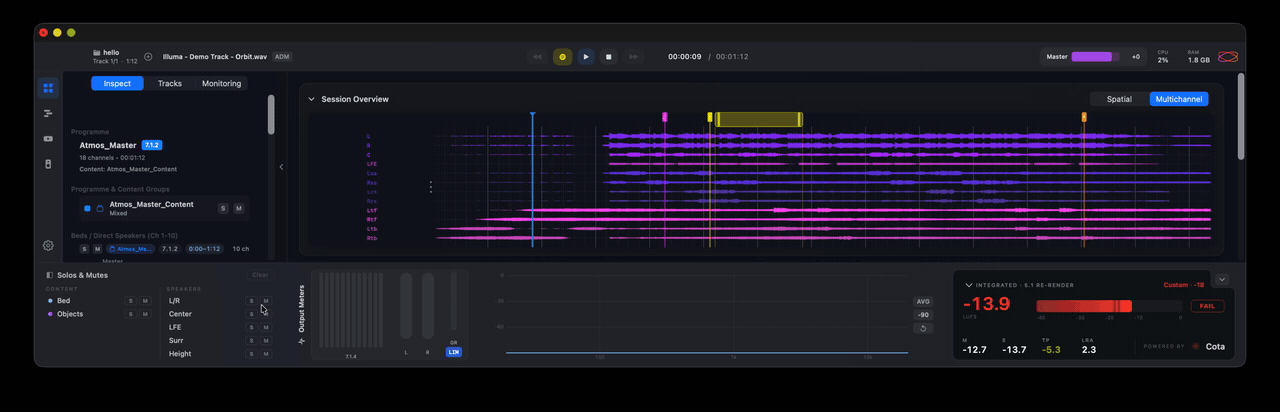 The Multichannel Waveform with soloed channels highlighted in yellow