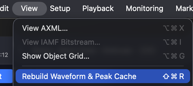The View menu with 'Rebuild Waveform & Peak Cache' highlighted and its shortcut ⇧⌘R