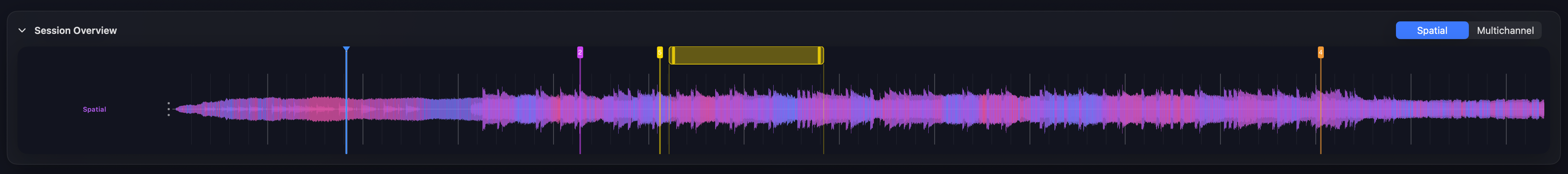 The Session Overview in Spatial mode — a purple/pink spatial waveform with the Spatial / Multichannel toggle top-right