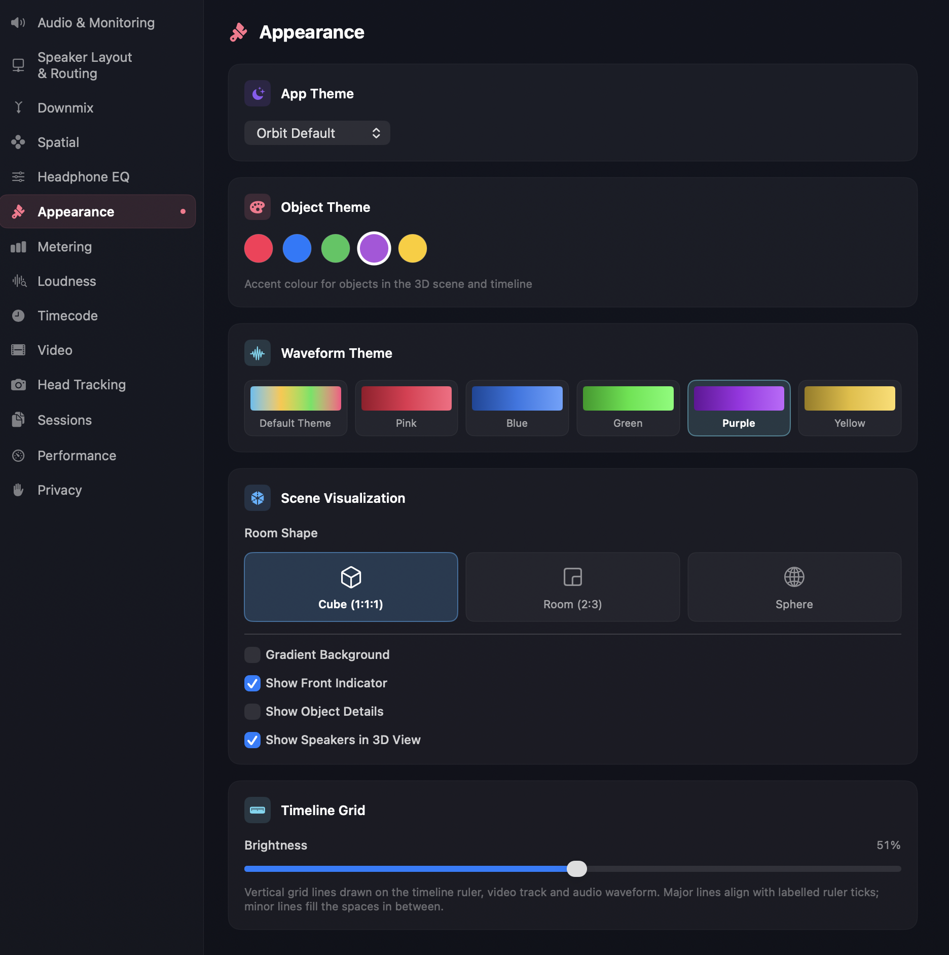 Preferences > Appearance panel — App Theme, Object Theme, Waveform Theme, Scene Visualization and Timeline Grid