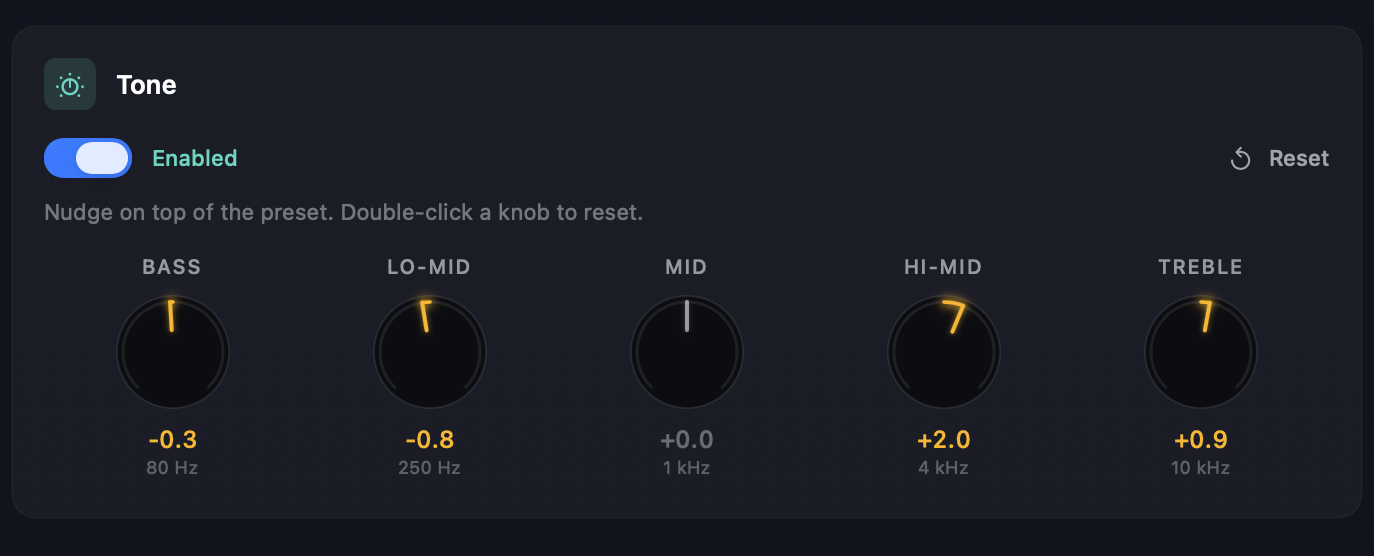 The Tone stack — an Enabled toggle and Reset, above five knobs (Bass 80 Hz, Lo-Mid 250 Hz, Mid 1 kHz, Hi-Mid 4 kHz, Treble 10 kHz) each showing its gain in dB