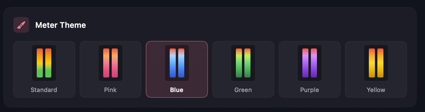 Meter Theme picker in Preferences with Standard, Pink, Blue, Green, Purple and Yellow options