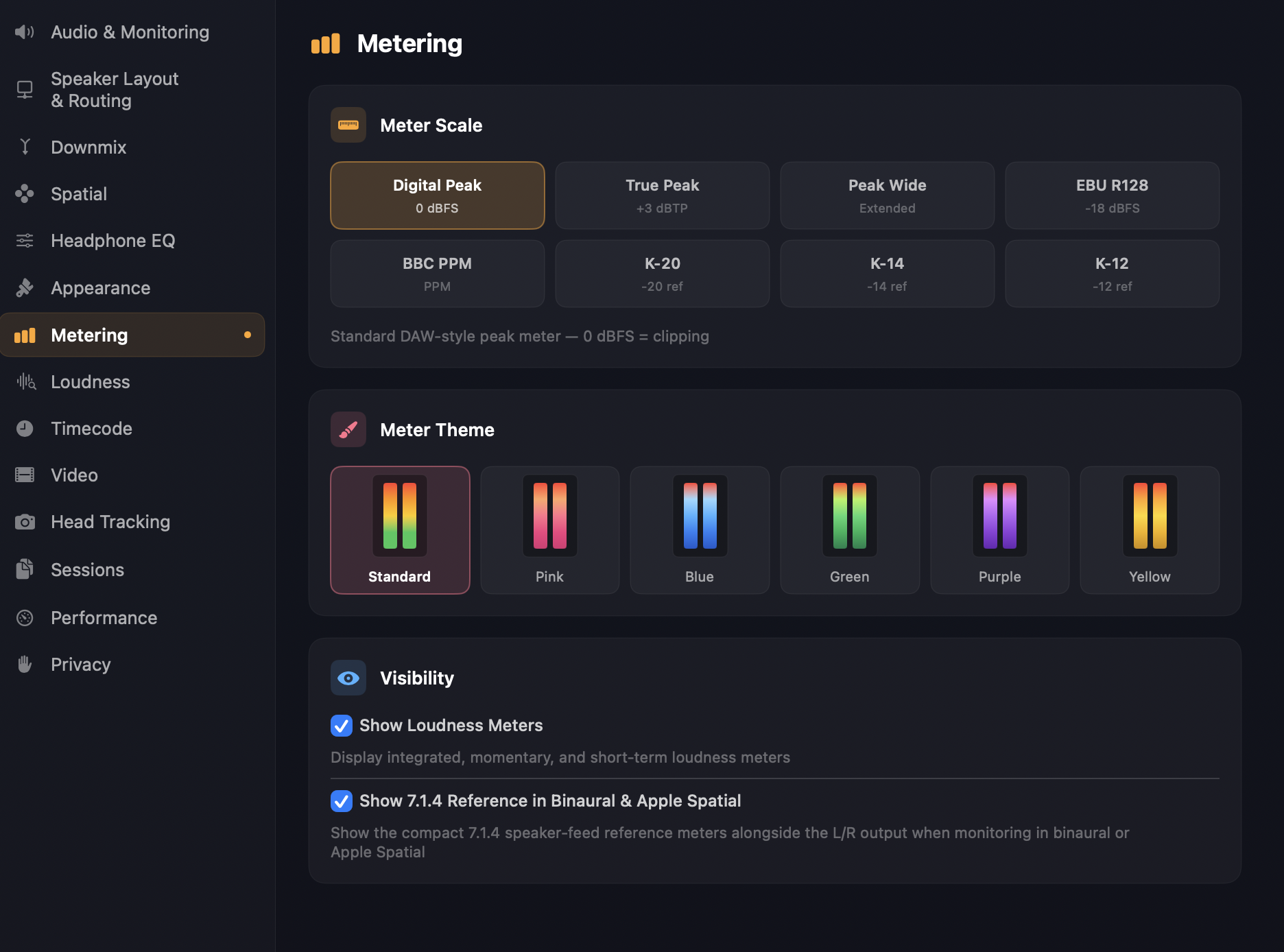 Preferences > Metering panel — Meter Scale, Meter Theme and Visibility