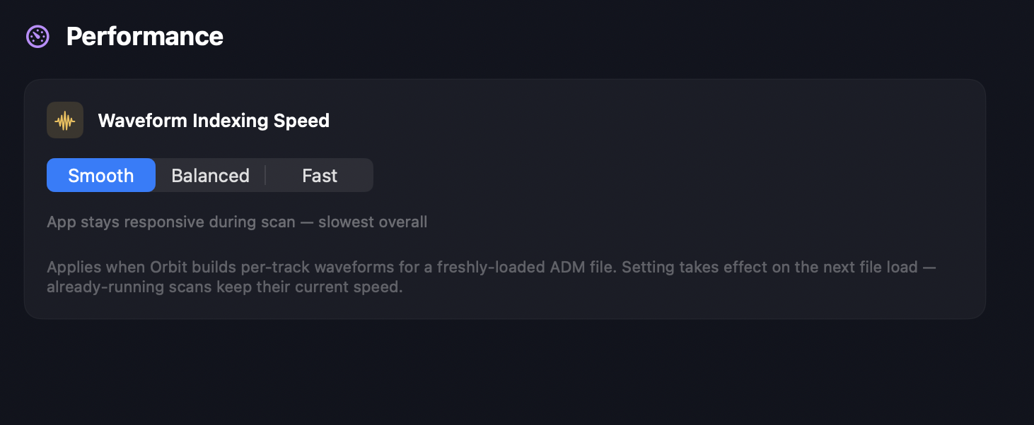 Preferences > Performance panel — Waveform Indexing Speed