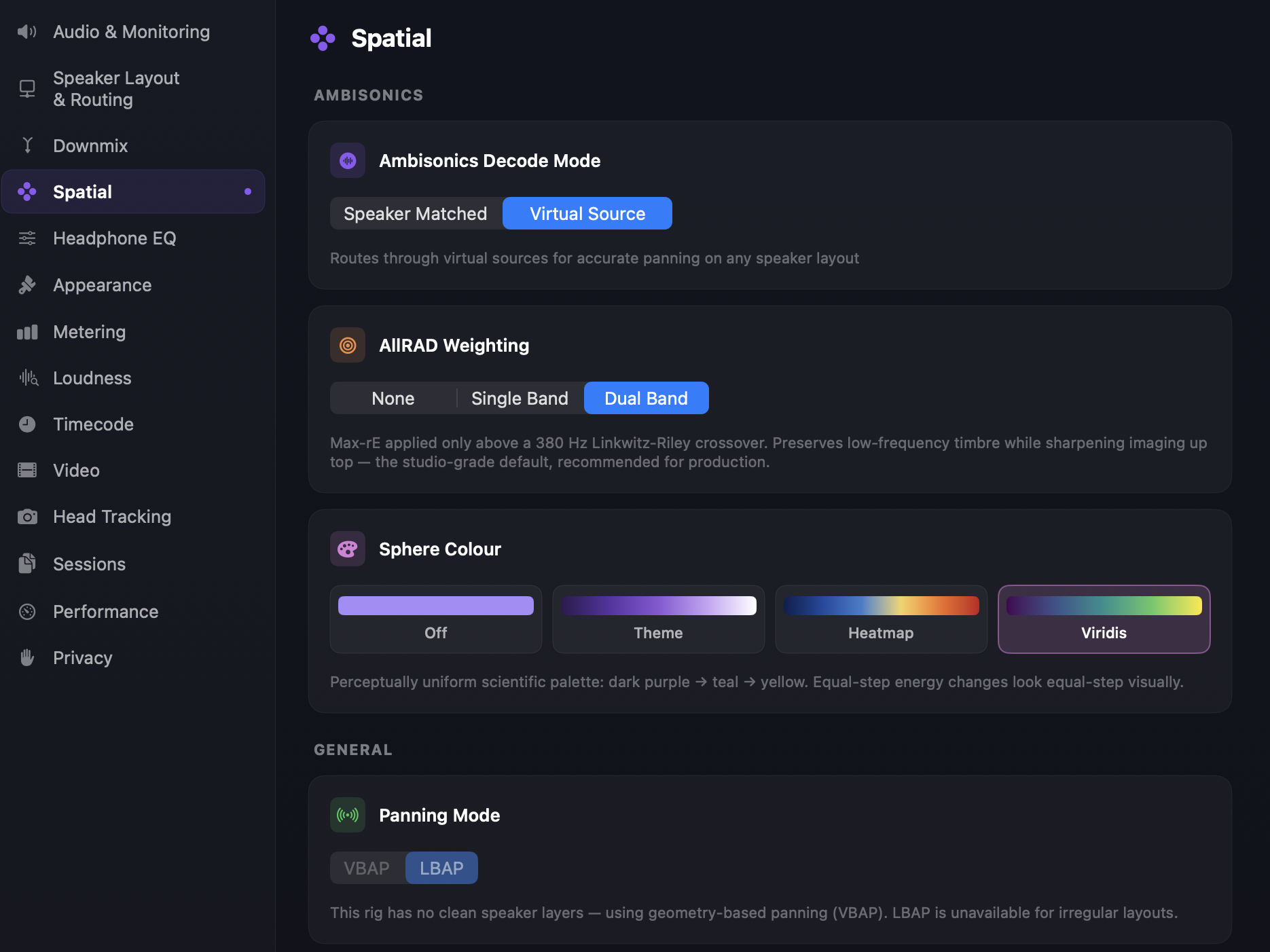 Preferences > Spatial panel — Ambisonics Decode Mode, AllRAD Weighting, Sphere Colour, and Panning Mode