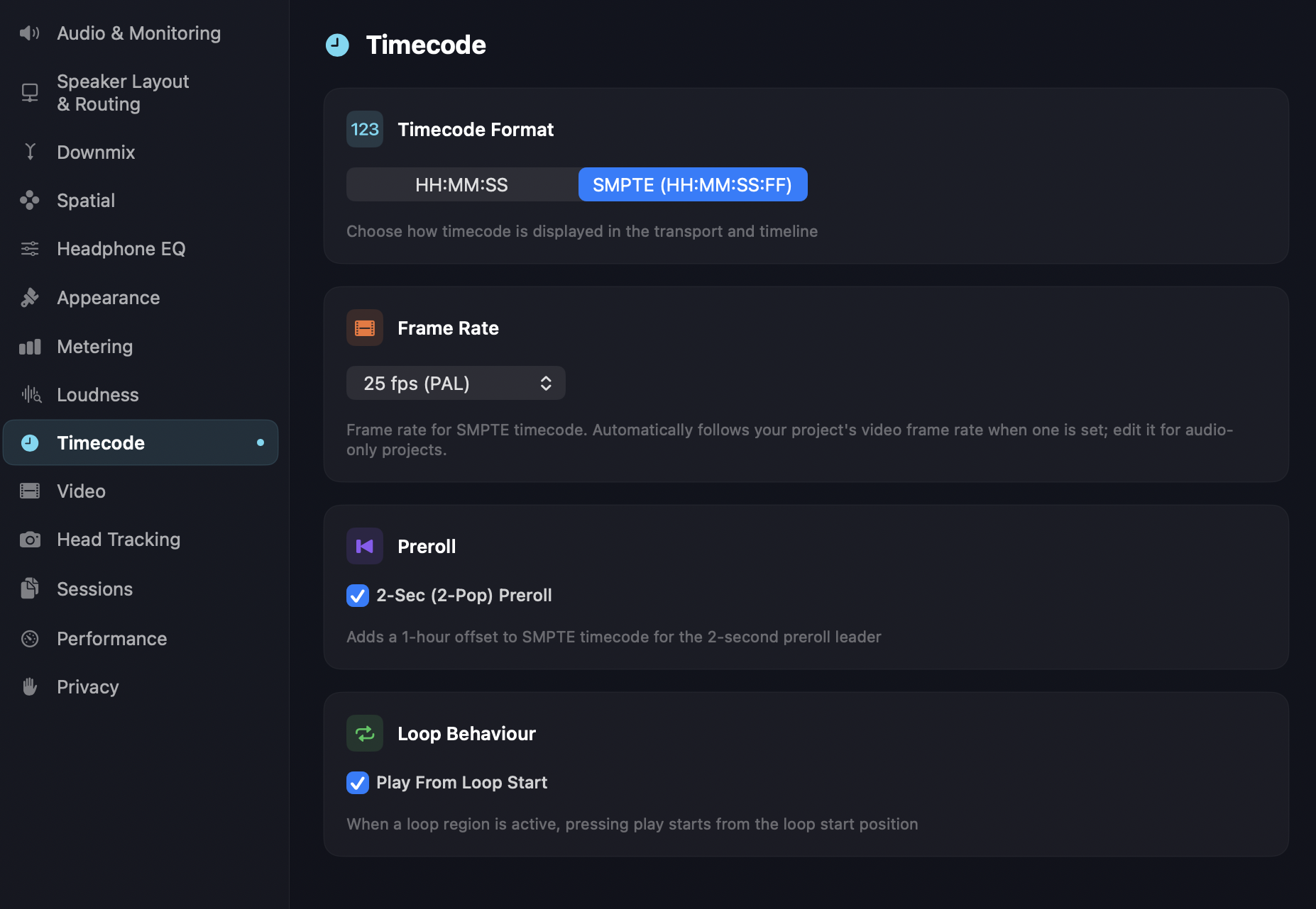 Preferences > Timecode panel — Timecode Format, Frame Rate, Preroll and Loop Behaviour