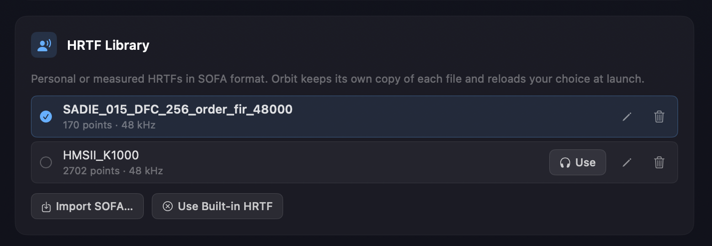 The HRTF Library section — two imported SOFA profiles listed with their measurement point count and sample rate, the active one checked, a Use button on the other, rename and remove controls, and Import SOFA… and Use Built-in HRTF buttons