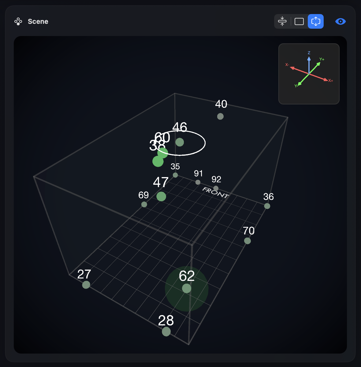 3D visualizer with numbered object markers and front indicator