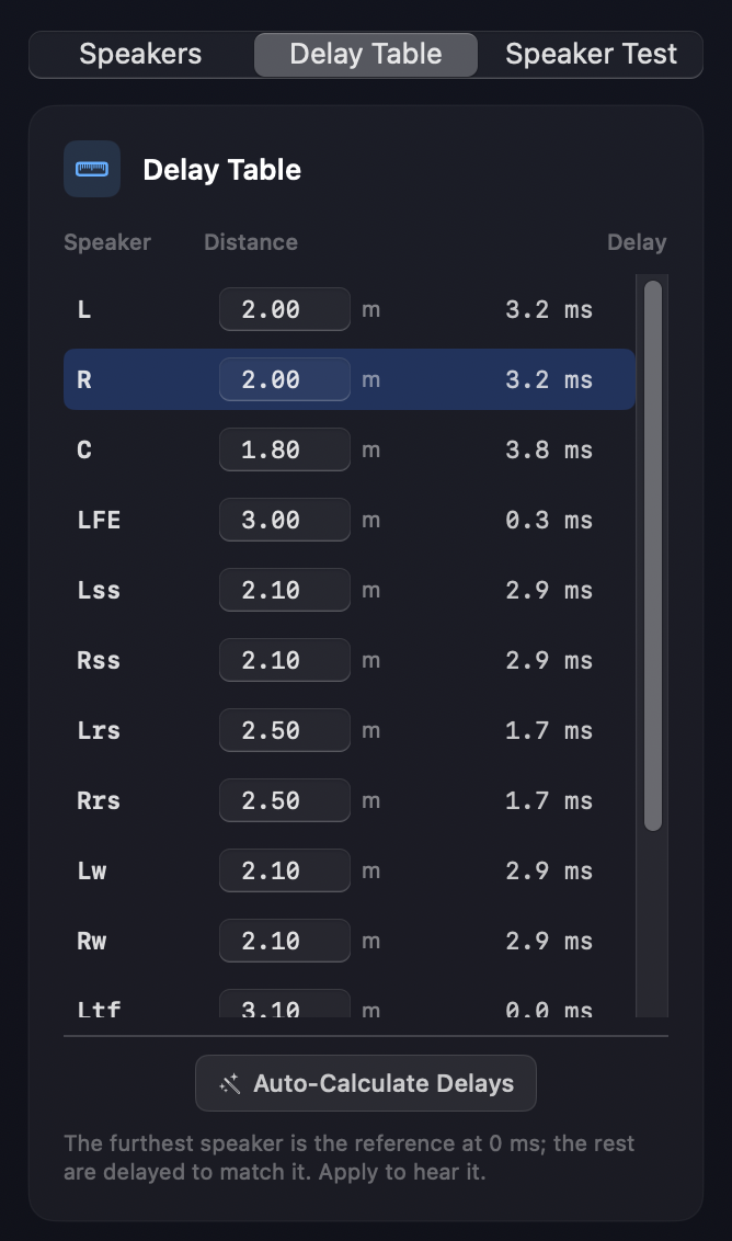The Delay Table — a distance field and resulting delay per speaker, with the Auto-Calculate Delays button below