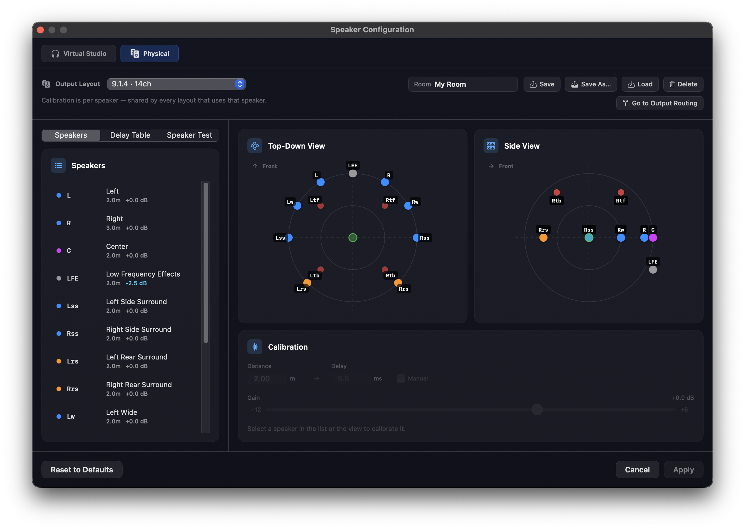 The Speaker Configuration window on the Physical tab — Virtual Studio / Physical tab buttons, the Output Layout menu, Room controls with Save / Save As / Load / Delete, a Go to Output Routing button, the Speakers / Delay Table / Speaker Test views, Top-Down and Side View plans, and the Calibration panel