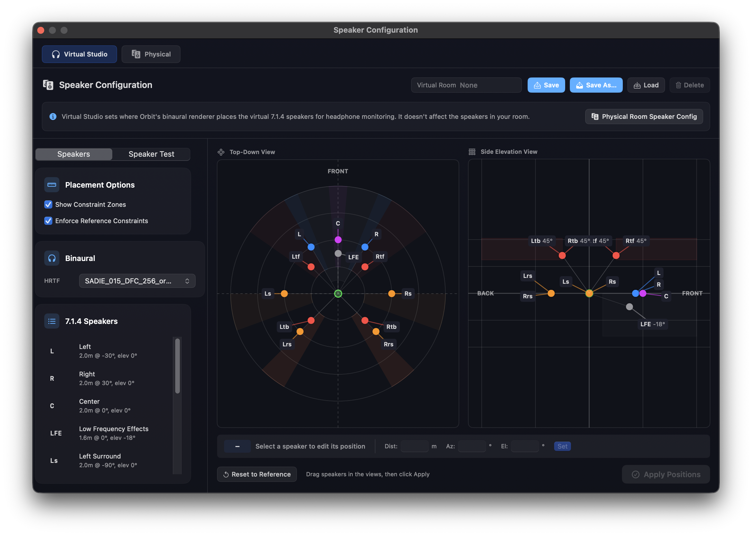 The Virtual Studio tab — the explainer banner and Physical Room Speaker Config button, Virtual Room Save / Save As / Load / Delete, Placement Options, the Binaural HRTF selector, and the Top-Down and Side Elevation views with constraint zones shown