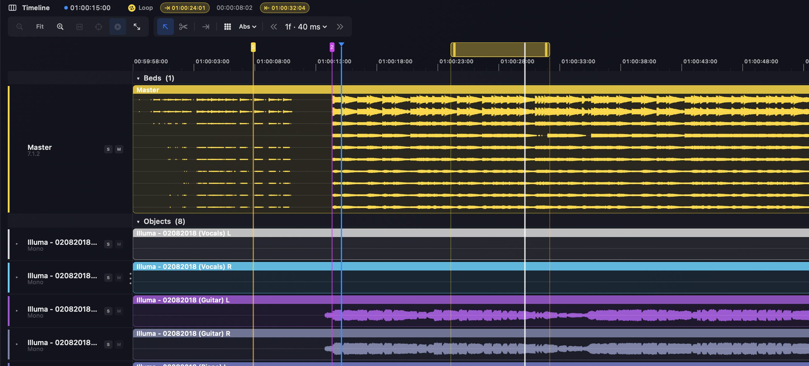 The Timeline View toolbar and rows — zoom and loop controls, snap and timecode settings, the collapsible Beds and Objects groups, markers, and the loop region drawn across the ruler