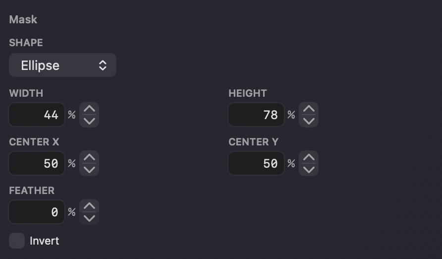 The Mask inspector — Shape, Width, Height, Center X/Y, Feather and Invert