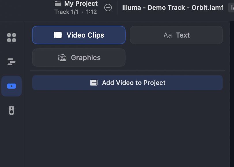 The Video View left sidebar — Video Clips / Text / Graphics tabs and an 'Add Video to Project' button
