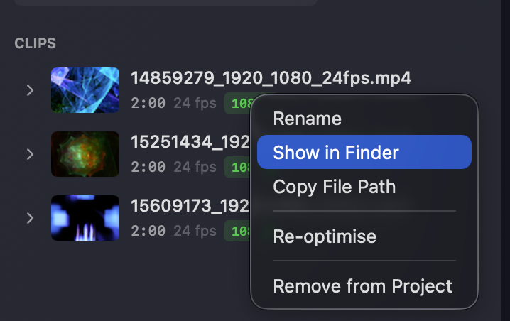 The right-click menu on a video clip — Rename, Show in Finder, Copy File Path, Re-optimise, Remove from Project