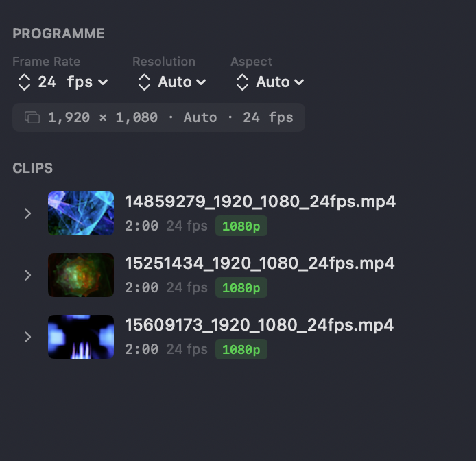 The Clips bin — Programme settings (24 fps, 1920x1080) above three imported video clips, each with a thumbnail, duration, frame rate and 1080p badge