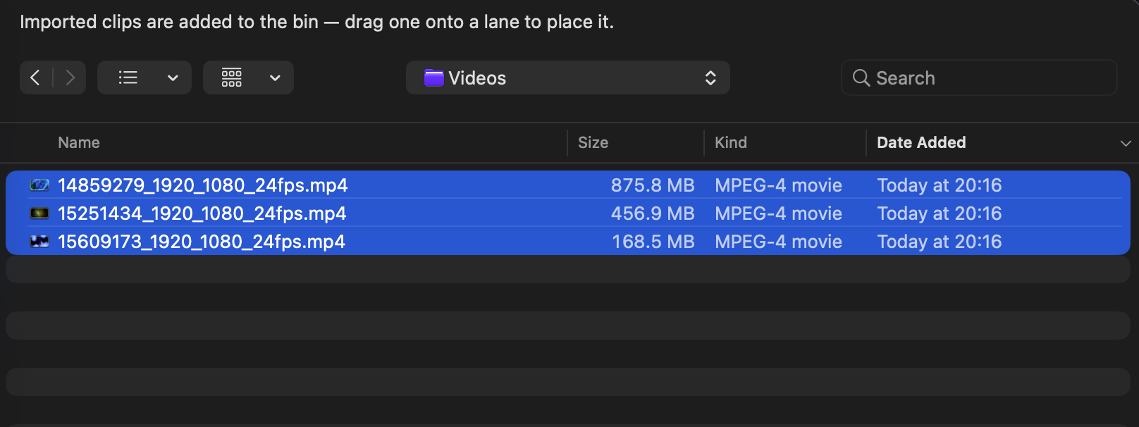 The macOS file picker with three MPEG-4 video files multi-selected