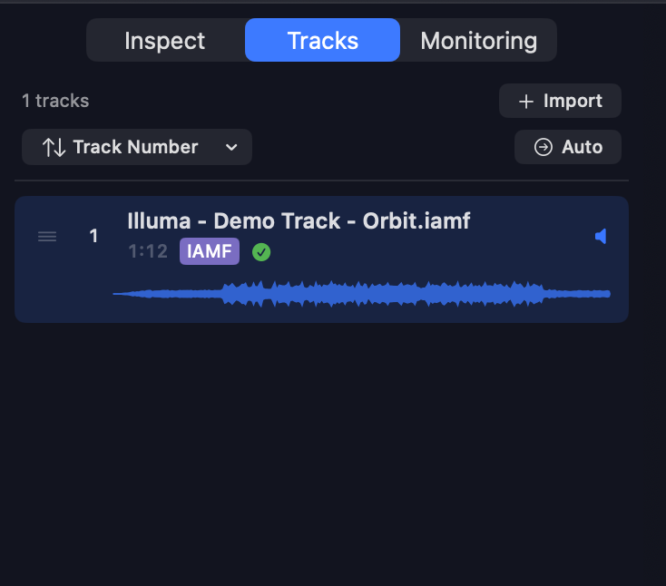 The Tracks sidebar with one imported IAMF track showing its name, duration, IAMF badge and waveform