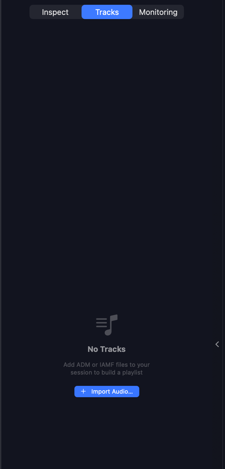 The Tracks sidebar with no tracks yet — a 'No Tracks' message and an Import Audio button